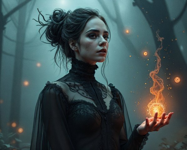 Young woman in dark gown with glowing orb in forest
