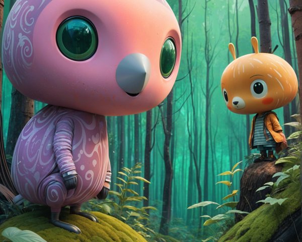 Whimsical Pink Bird and Orange Squirrel in Forest