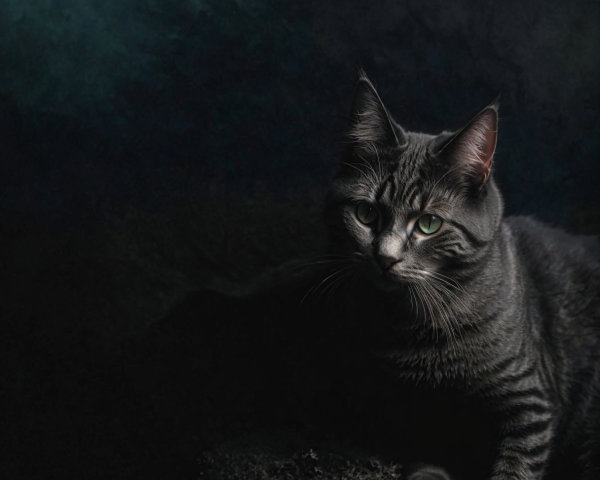 Gray Tabby Cat with Green Eyes in Dim Light