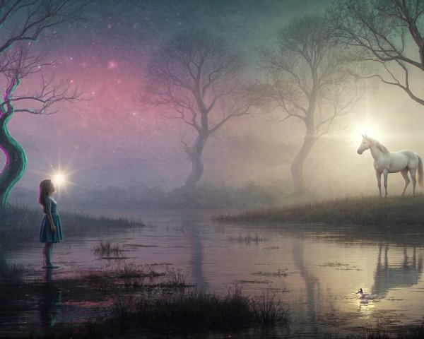 Mystical Twilight Scene with Girl and Unicorn by Lake