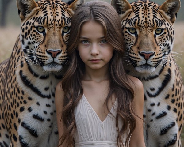 Girl in Beige Dress with Leopards in Nature