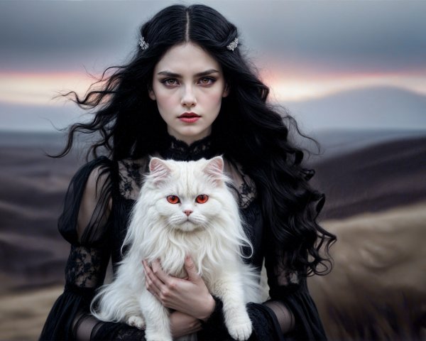 Woman in black dress with white cat in dramatic landscape