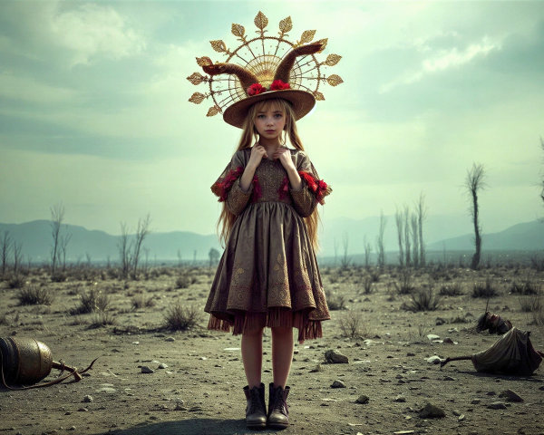 Young girl in ornate dress in desolate landscape