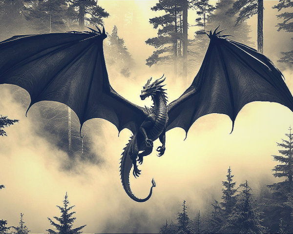 Black Dragon Flying Over Misty Forest Landscape
