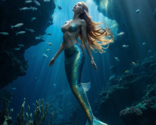 Underwater Scene with Mermaid and Coral Reefs