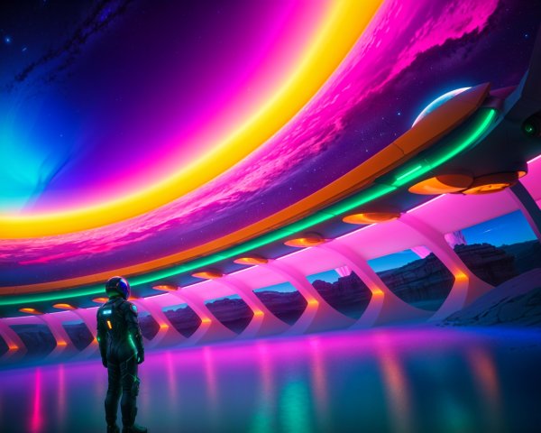 Astronaut in Vibrant Neon Sky Over Futuristic Landscape