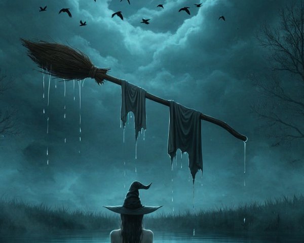 Witch in Moonlit Scene with Fog and Crows