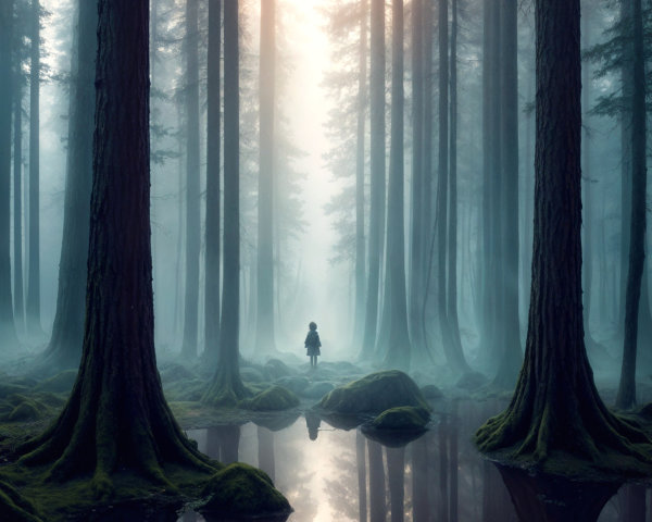 Serene forest scene with mist and reflective pool