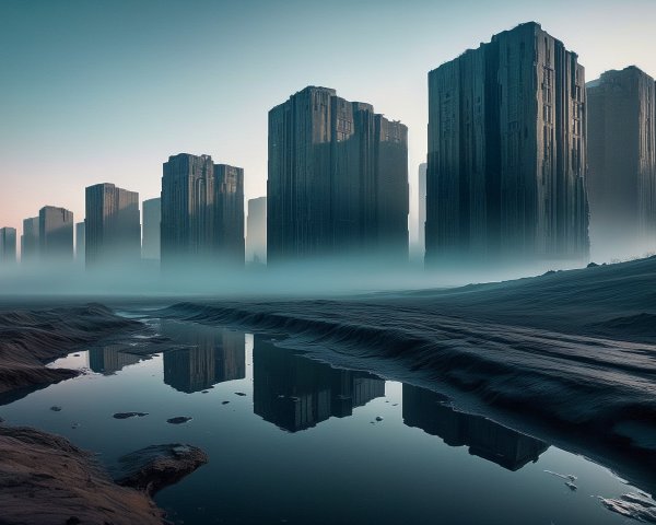 Desolate Landscape with Monolithic Structures and Mist