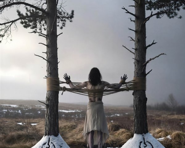 Dramatic Scene of Bound Woman in Snowy Landscape