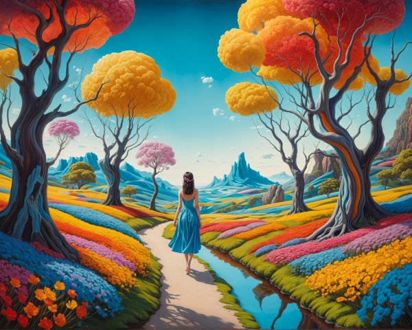 Vibrant Autumn Landscape with Woman in Blue Dress