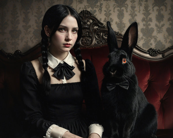 Young Woman and Black Rabbit on Vintage Sofa