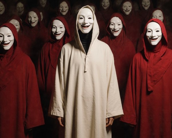 Masked Figures in Dim Light with Eerie Atmosphere