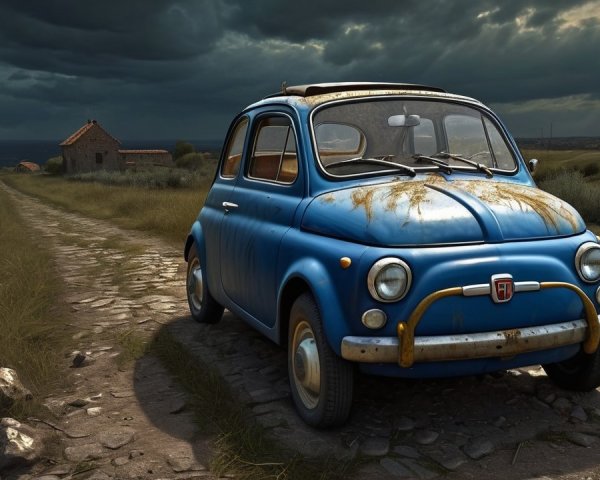 Vintage Blue Car on Rocky Road in Countryside Setting