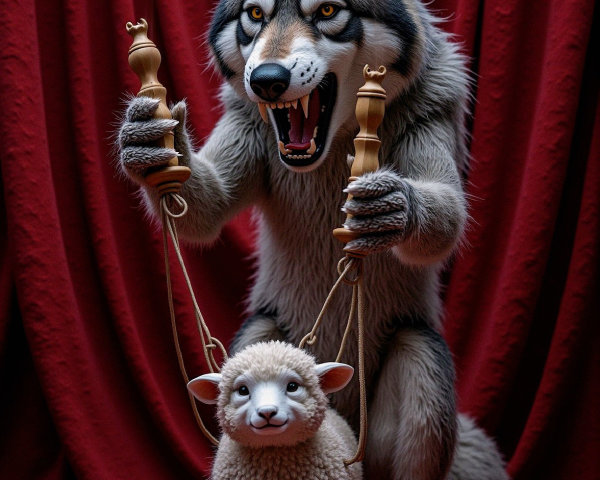 Wolf with Lamb in Dramatic Red Background Scene