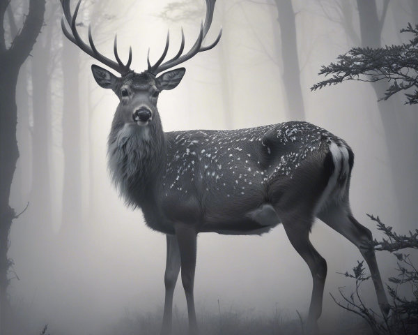 Majestic deer in a misty forest setting