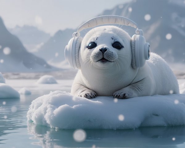 White seal with headphones on an ice floe in winter