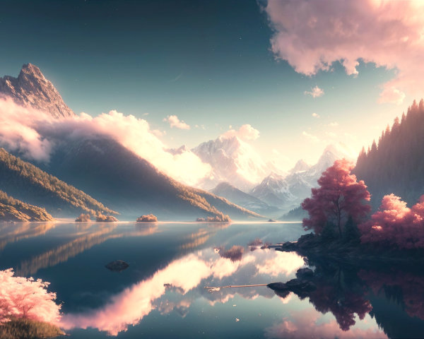 Serene Mountain Landscape with Reflective Lake and Blossoms