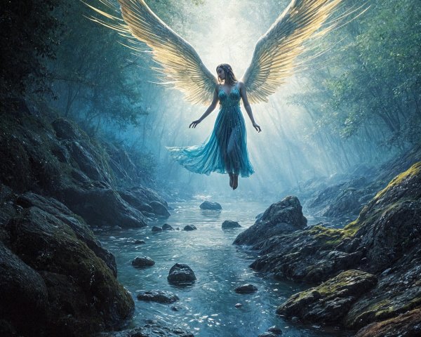 Mystical Figure with Golden Wings Above Serene Stream
