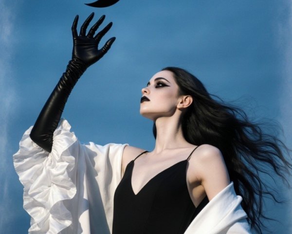 Elegant Figure in Black Dress Against Blue Sky
