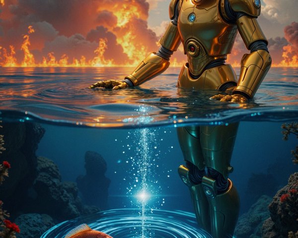 Golden Robot in Water Under Dramatic Sky