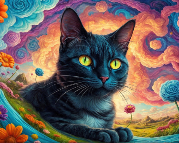 Black Cat in a Surreal Landscape with Vibrant Flowers