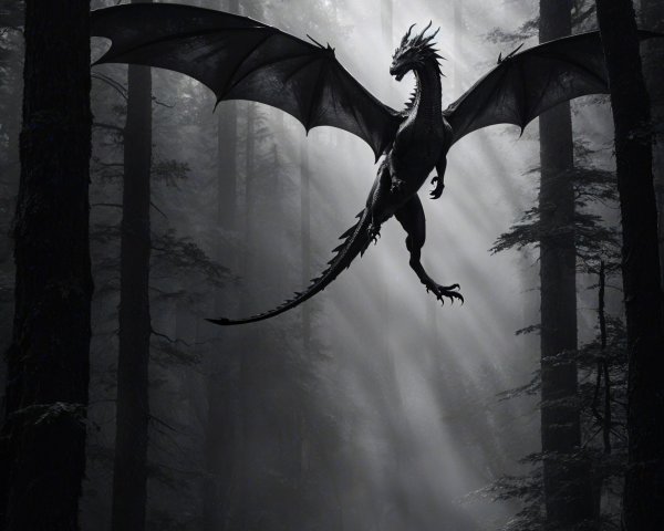 Black Dragon Flying in a Misty Enchanted Forest