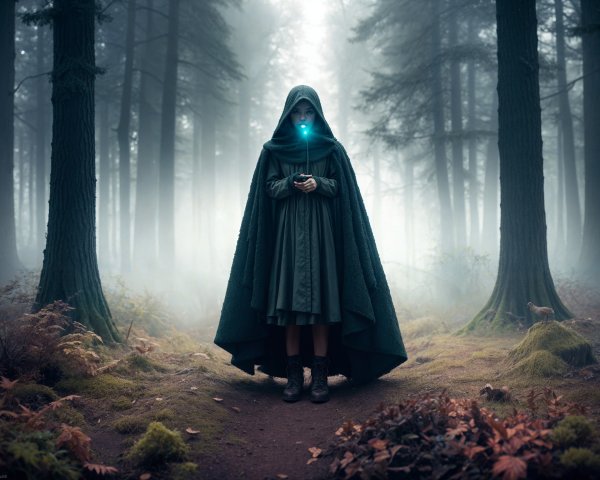 Misty Forest Scene with Cloaked Figure and Blue Light