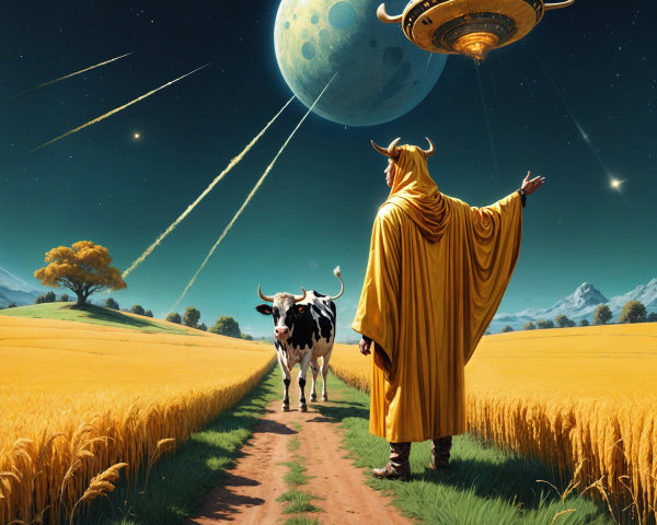 Serene landscape with golden field and starlit sky