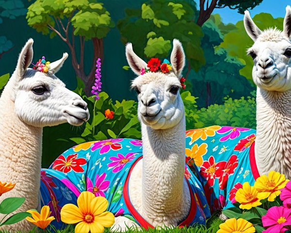 Llamas in Floral Headbands in a Colorful Garden Scene