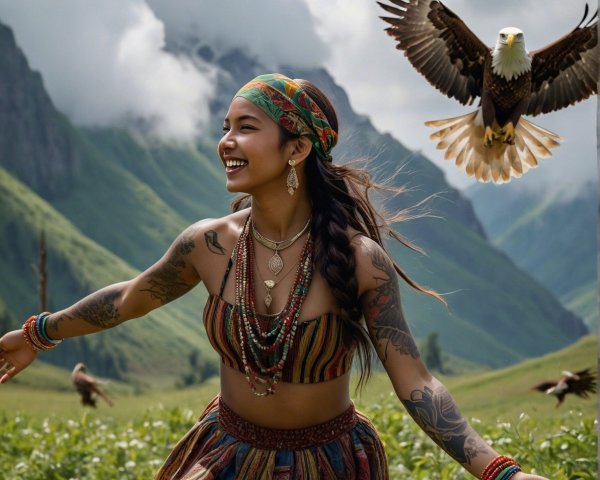 Joyful Woman in Traditional Outfit Amidst Nature