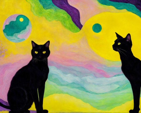 Black Cats Silhouetted in Abstract Pastel Landscape