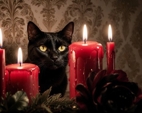 Close-up of a black cat with glowing candles and rose