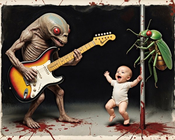 Surreal Scene with Creature Playing Guitar and Baby