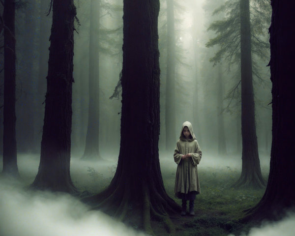 Misty Forest Scene with Cloaked Figure and Fog
