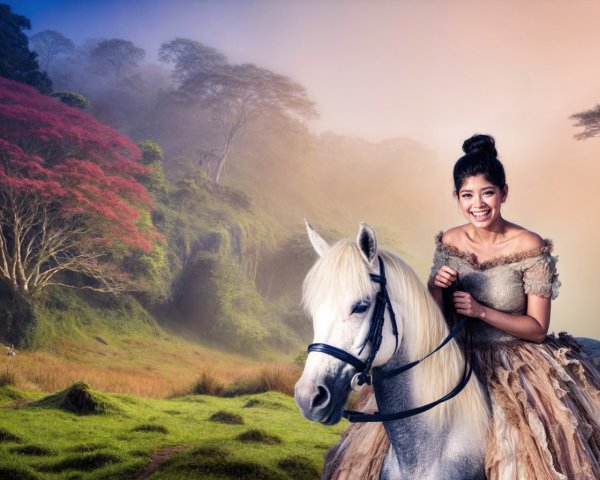 Young Woman in Vintage Dress on White Horse in Nature