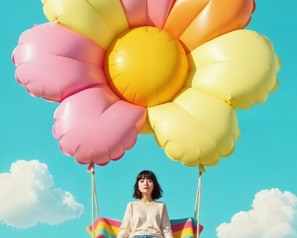 Girl on Swing with Colorful Flower Balloon in Sky