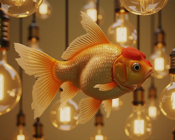 Goldfish with Crown Growth Amid Vintage Light Bulbs