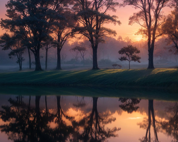 Serene Dawn Landscape with Reflective Lake and Mist