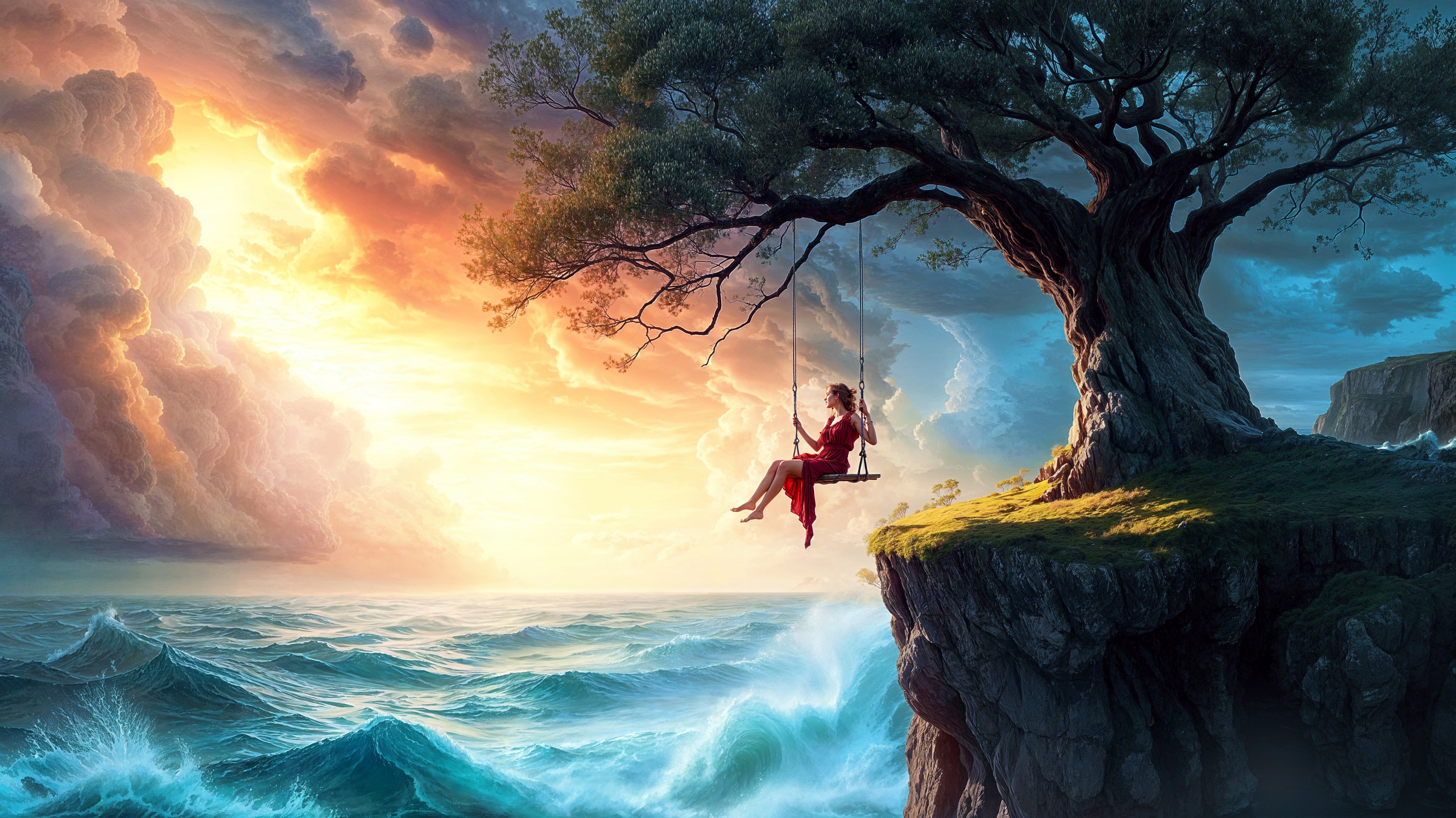 Serene Figure in Red Dress Overlooking Turbulent Sea