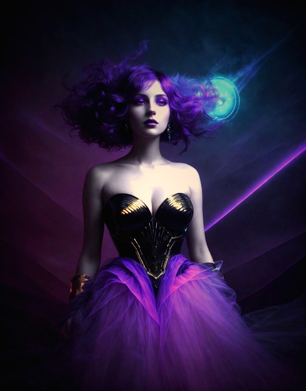 Striking figure in dark setting with purple attire