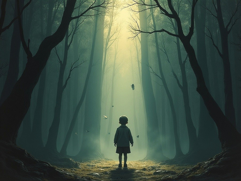 Child at the Edge of a Misty Forest Path