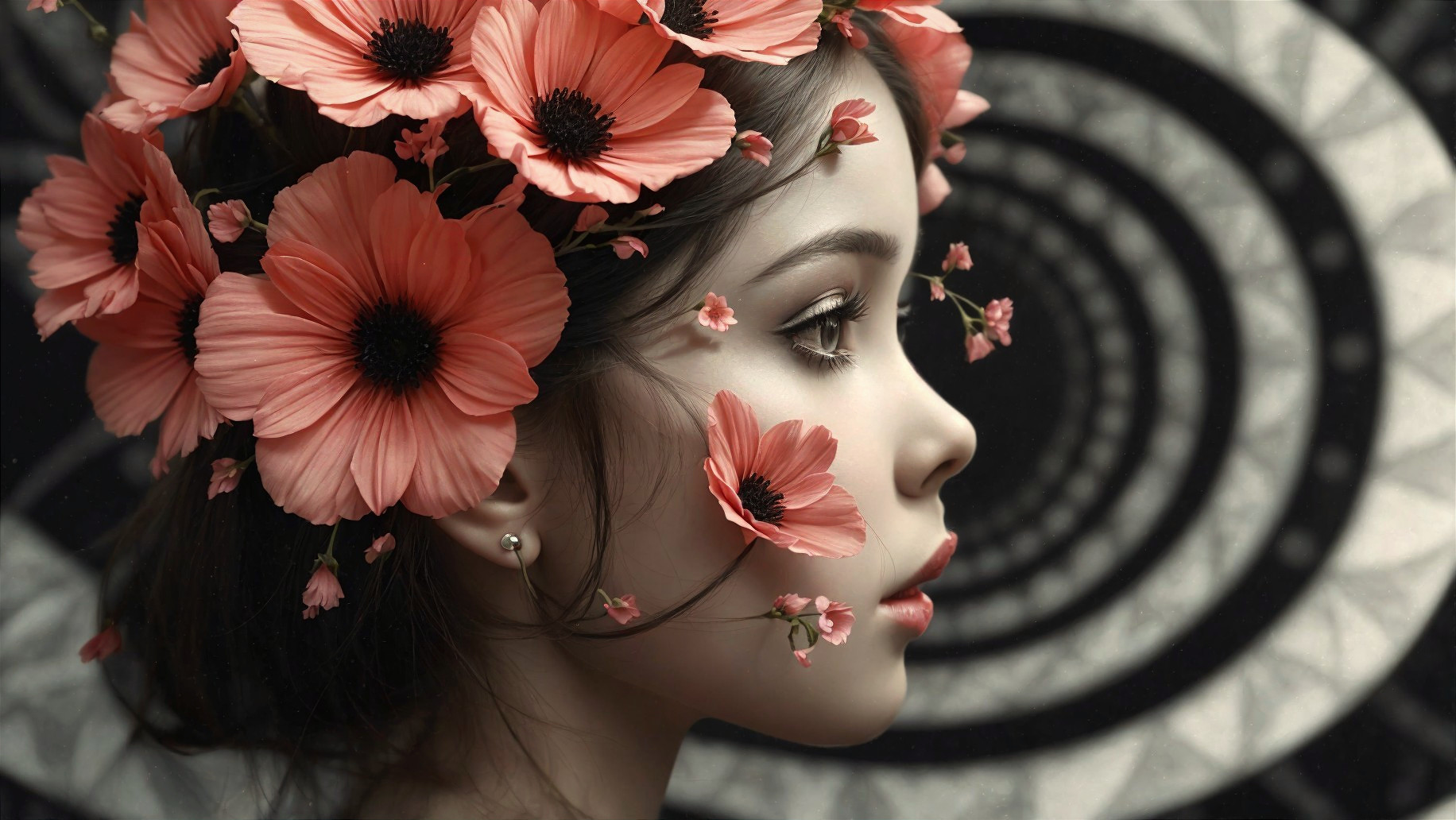 Young Woman with Floral Hair Against Spiral Background
