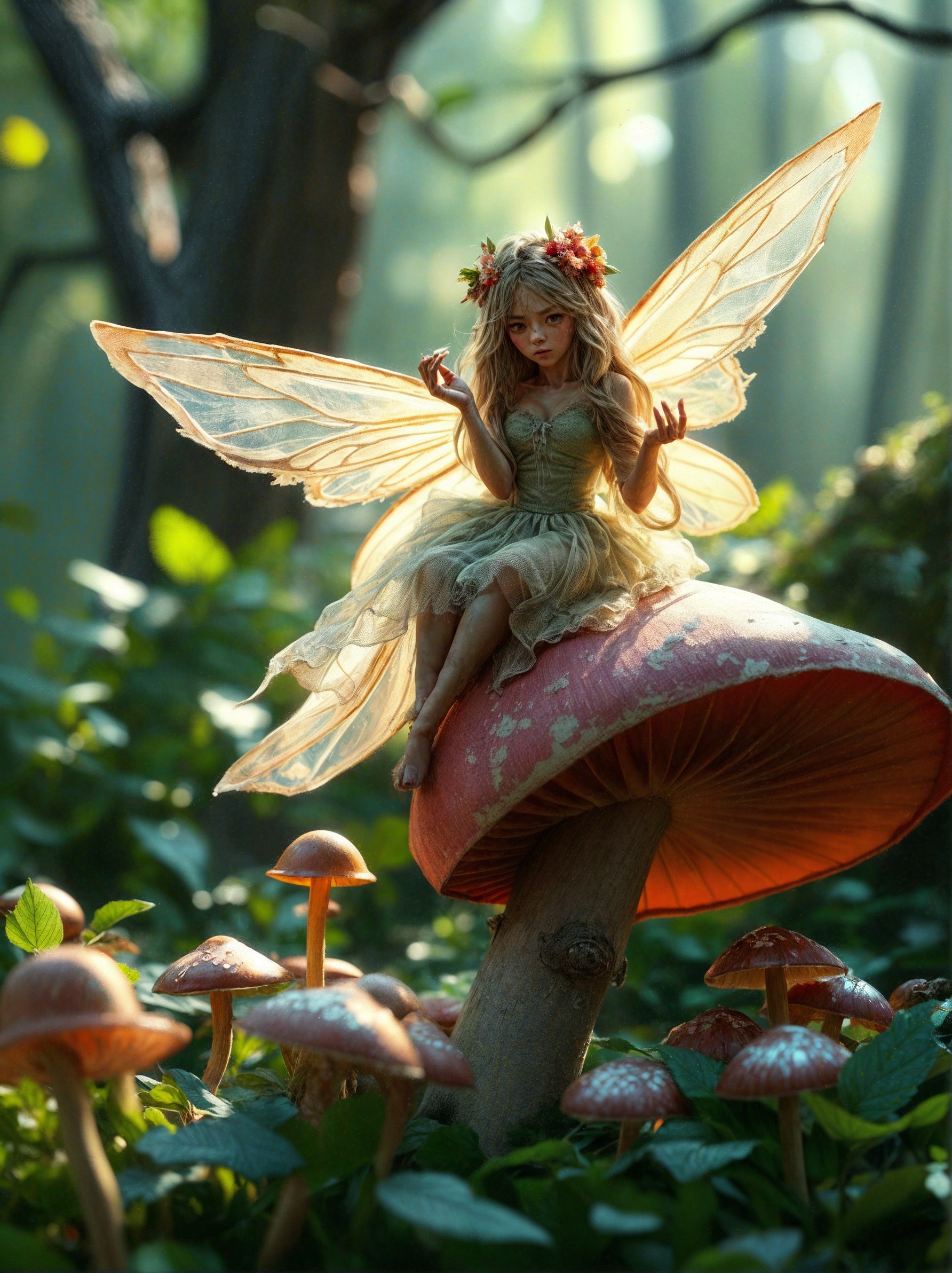 Fairy on Red Mushroom in Enchanted Forest Setting
