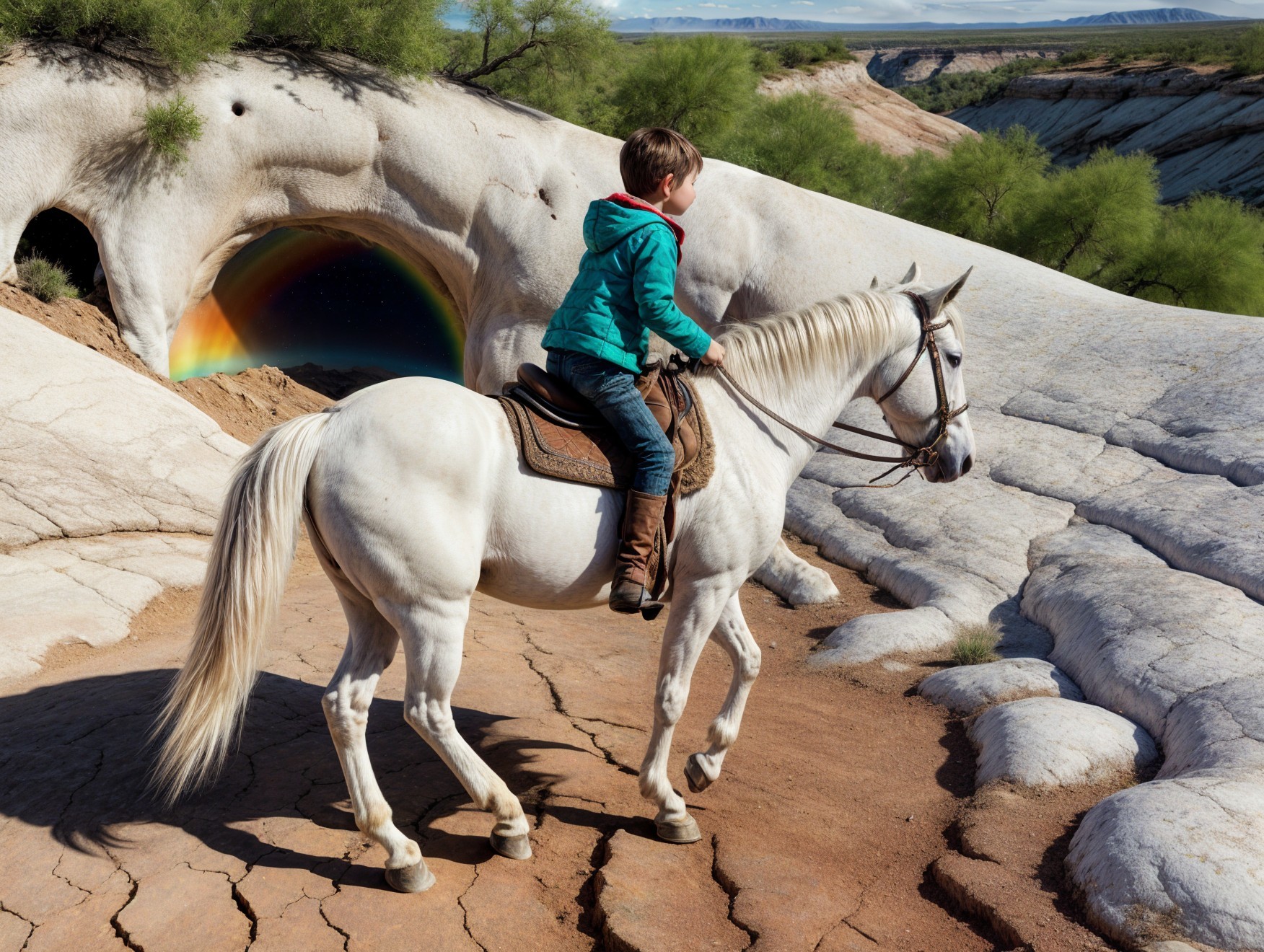 Boy in turquoise jacket riding white horse under rainbow