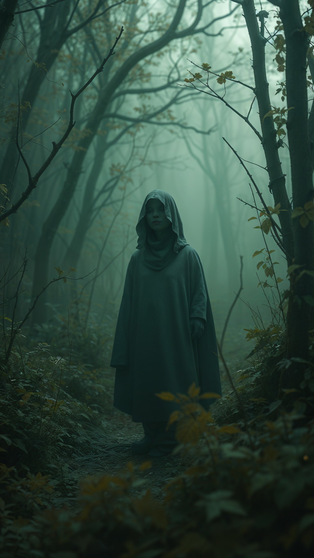 Mysterious Figure in a Foggy Forest Setting
