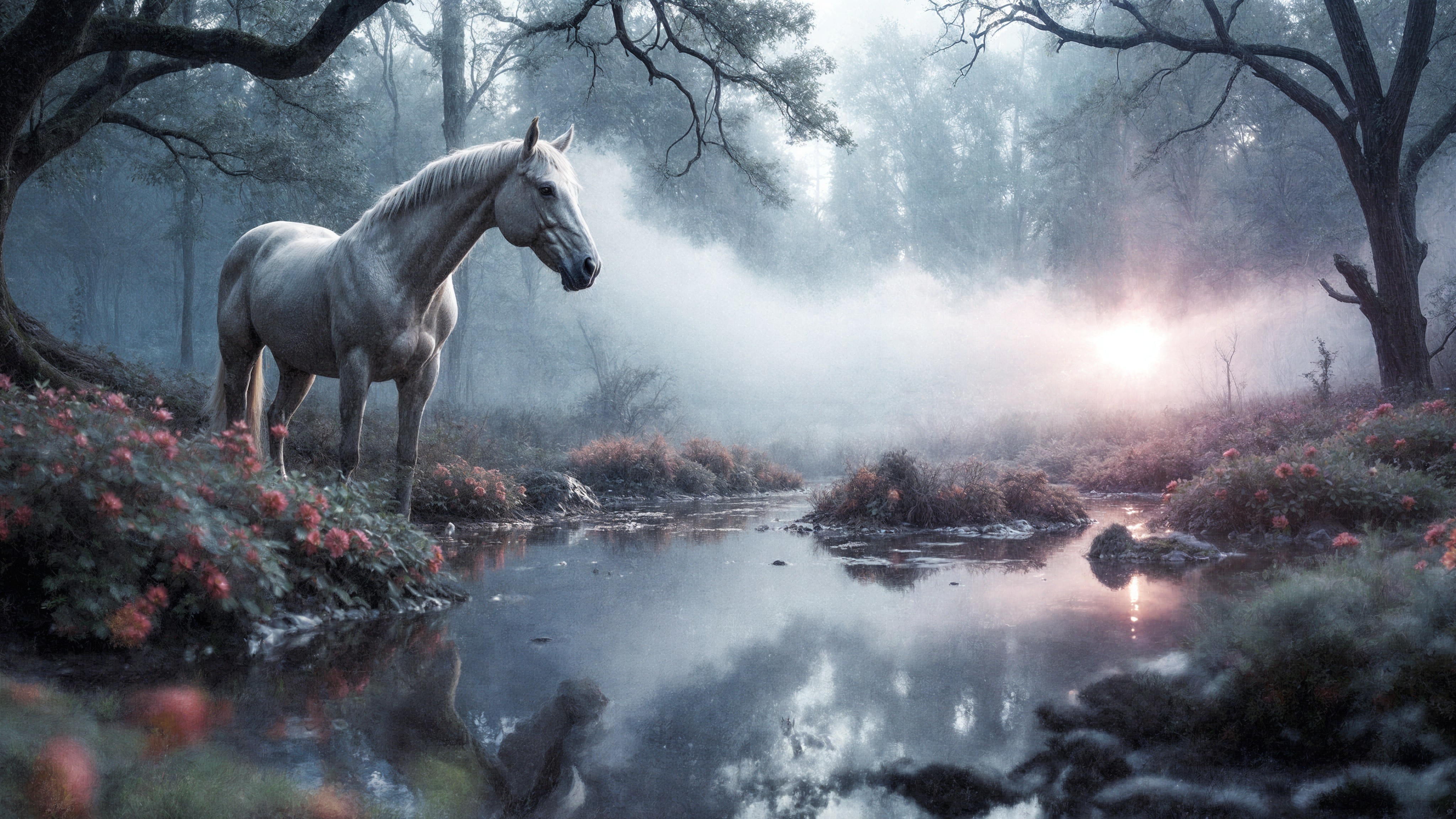 Majestic white horse by tranquil stream in misty forest