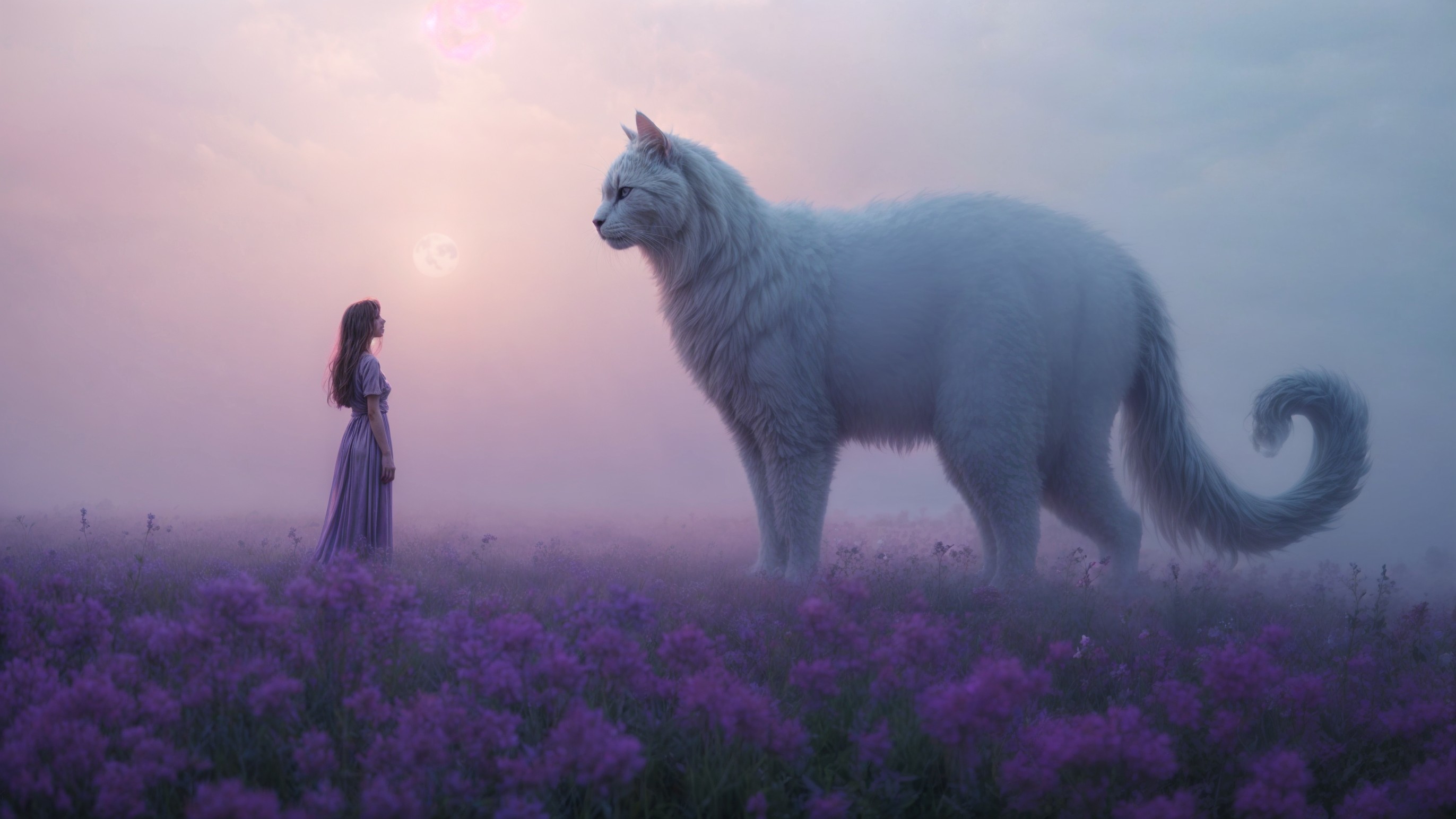 Dreamlike Landscape with Girl and Large White Cat