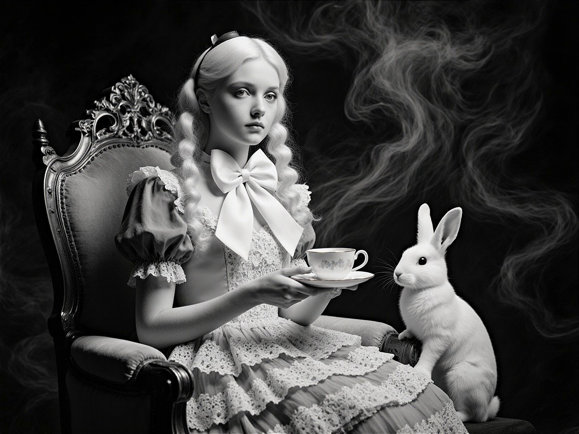 Whimsical Black-and-White Scene with Girl and Rabbit
