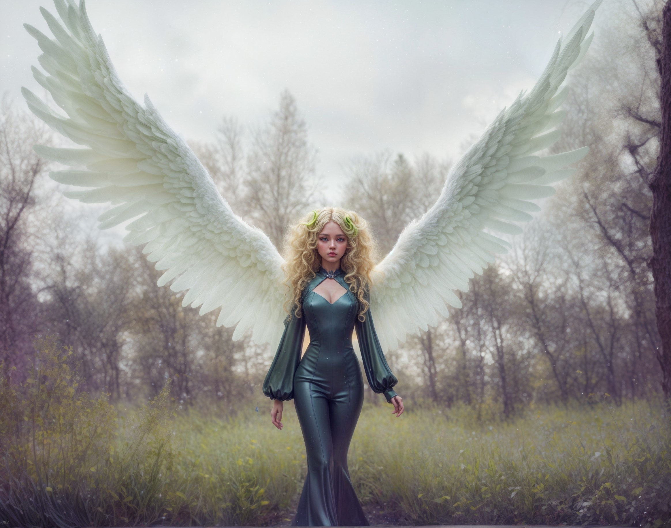 Majestic figure with white wings in serene forest clearing